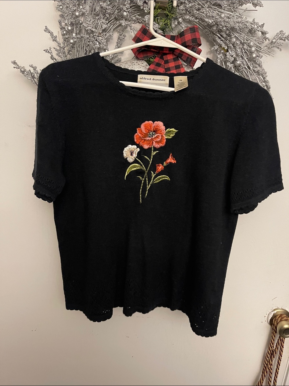 Alfred Dunner Black Knit Short Sleeve Top with Orange & Cream Floral Embroidery